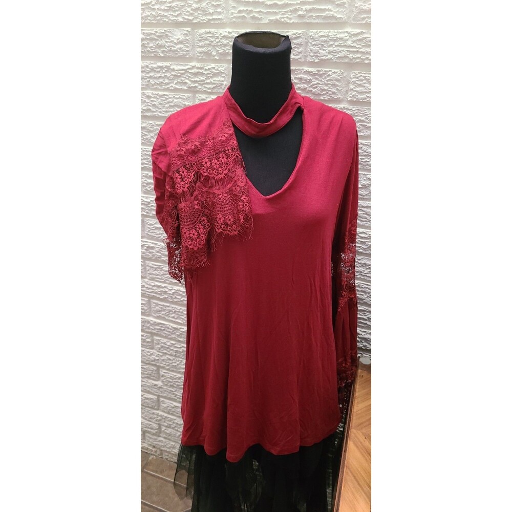 Kate & Mallory Knit & Lace Bracelet Sleeve Scoop Neck High-Lo Godet Top XL NWOT